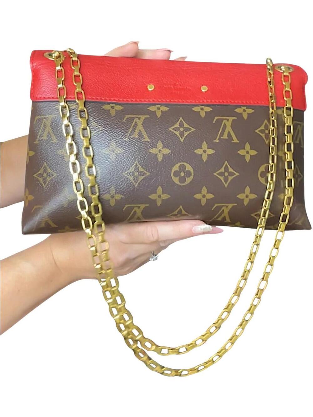 Louis Vuitton Red and Brown Monogram Shoulder Bag with Gold Chain - Picture 5 of 14
